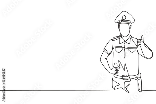 Continuous one line drawing the policeman with a thumbs-up gesture and in full uniform is ready to enforce traffic discipline on the highway. Single line draw design vector graphic illustration.