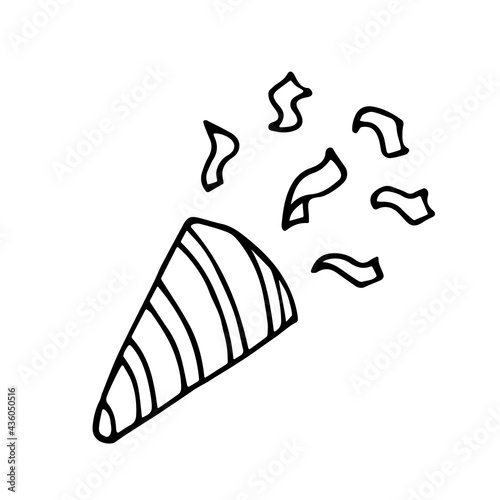 Party popper outline icon isolated on white background. Vector illustration. Linear symbol birthday, anniversary, new year or other holiday. Party popper with confetti.