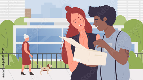 People couple open box parcel gift together vector illustration. Cartoon happy girl boy characters opening cardboard box with love present, young man woman lovers standing on city street background