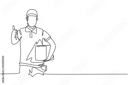 Continuous one line drawing delivery man with a thumbs-up gesture, carrying the package box to be delivered to customers with the best service. Single line draw design vector graphic illustration.