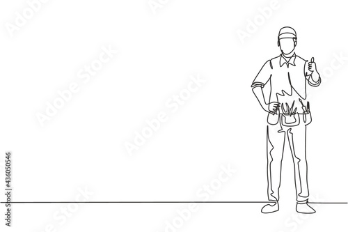 Single continuous line drawing handyman stands with a thumbs-up gesture and tools such as pliers, screwdriver, hammer that is placed on his work shirt. One line draw graphic design vector illustration
