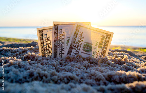 Photography Three dollar bills are buried in sand on sandy beach near sea at sunset dawn