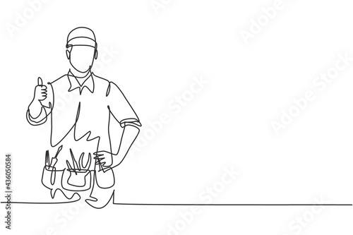 Single one line drawing of the handyman with the thumbs-up gesture is ready to work on repairing the damaged part of the house. Modern continuous line draw design graphic vector illustration.