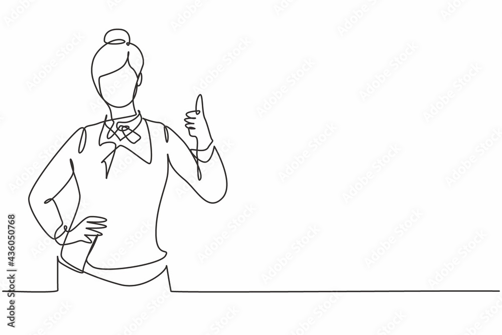 Single continuous line drawing flight attendant with a thumbs-up gesture is ready to serve airplane passengers in a friendly and warm manner. Dynamic one line draw graphic design vector illustration