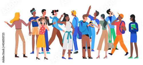 Crowd of people walk together, trendy society concept vector illustration. Cartoon different man woman characters walking, family with kids in multicultural international community isolated on white