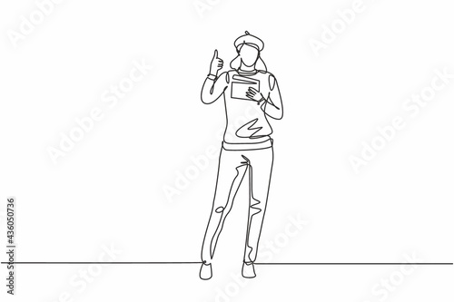 Continuous one line drawing woman film director stands with a thumbs-up gesture while holding the clapperboard to prepare camera crew for shooting. Single line draw design vector graphic illustration