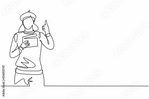Continuous one line drawing female film director with a thumbs-up gesture while holding the clapperboard set the crew for studio shooting. Single line draw design vector graphic illustration
