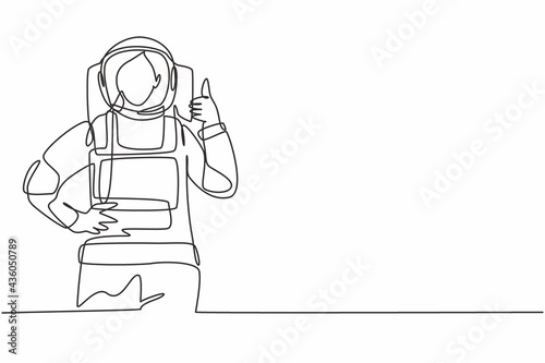 Single one line drawing of female astronauts with a thumbs-up gesture wearing spacesuits to explore space in search the mysteries of universe. Continuous line draw design graphic vector illustration