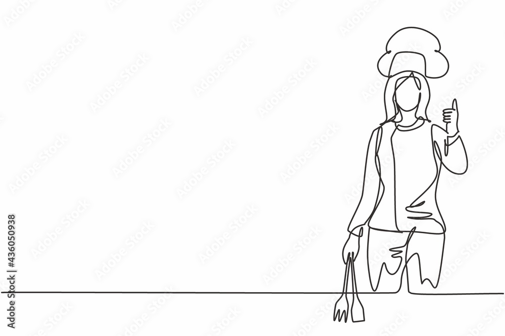 Continuous one line drawing female chef with thumbs-up gesture, cooking uniform and hat, ready to cook meals for guests at famous restaurants. Single line draw design vector graphic illustration