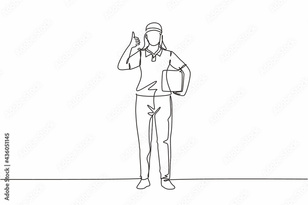 Single continuous line drawing delivery lady stands with thumbs-up gesture, carrying package box that the customer has ordered to be delivered safely. One line draw graphic design vector illustration