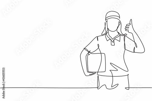 Single one line drawing of delivery lady with a thumbs-up gesture, carrying the package box to be delivered to customers with the best service. Continuous line draw design graphic vector illustration