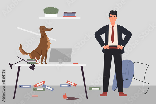 Problem bad dog pet behavior vector illustration. Cartoon playful dog playing, sitting on table, broken furniture and mess in room apartment interior, angry dog owner scolding doggy puppy background