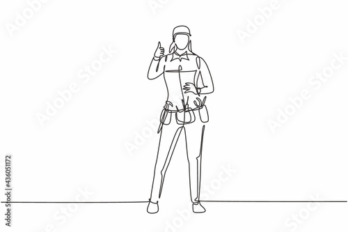 Continuous one line drawing handywoman stands with thumbs-up gesture and tools such as pliers, screwdriver, hammer that is placed on his work shirt. Single line draw design vector graphic illustration