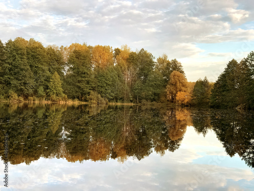 Lake shore with autumnal forest trees with golden leaves on horizon reflecting on surface of calm water of lake