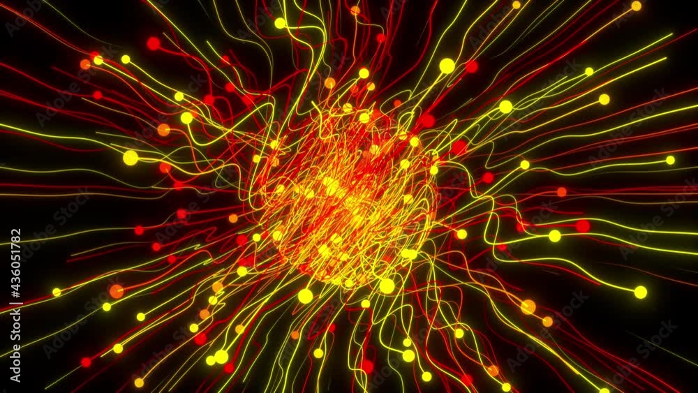 Digital 3d render stripes flying away from bright sphere. Geometric dance particles in spinning distorted space. Abstract supernova explosion with chaotic scribble vortex. Digital 3d render stripes flying away from bright sphere. Geometric dance particles in spinning distorted space. Abstract supernova explosion with chaotic scribble vortex.