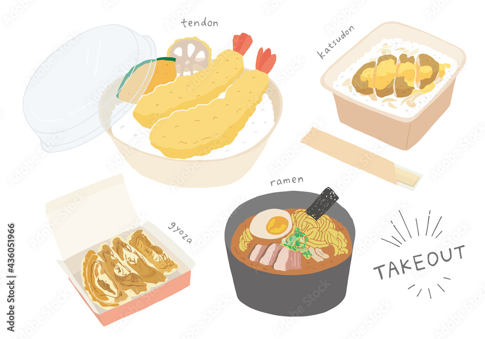 丼やラーメンのテイクアウトイラスト（カラー/輪郭線なし）