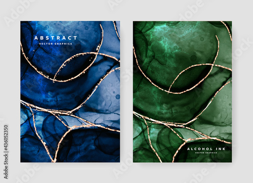 Abstract brochure cover layout with green and blue alcohol ink texture, watercolor texture with gold paths, booklet template design for business, creative background for print materials