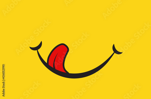 Yummy smile cartoon line emoticon with tongue lick mouth. Delicious tasty food eating emoji face on yellow design background