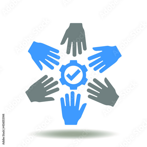 Hands round with gear and check mark vector illustration. Multi culture of belonging symbol.