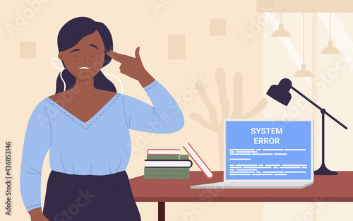 Office worker people in stress vector illustration. Cartoon tired unhappy woman employee character upset with pc error attention symbol and warnings for computer user, problem stress alert background