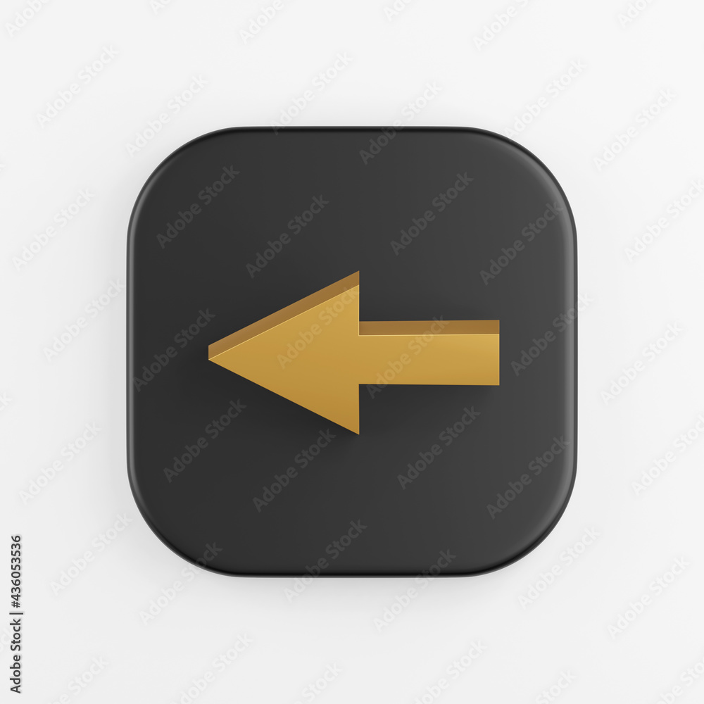 Left arrow gold icon. 3D rendering of black square key button, interface ui ux element. Left arrow gold icon. 3D rendering of black square key button, interface ui ux element.