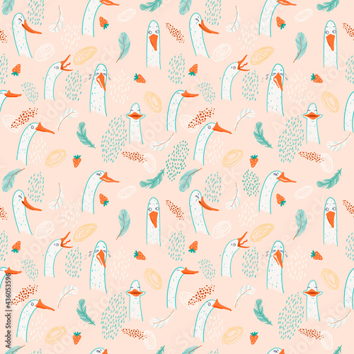 Seamless pattern with emotional goose and feathures. photo