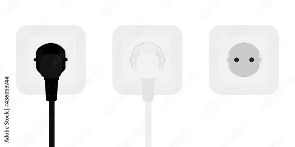 White and black power cords cable plugged into european wall outlet on white wall. White and black power cords cable plugged into european wall outlet on white wall.