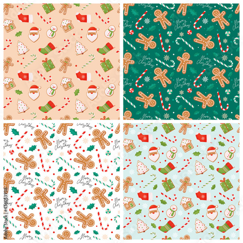 set of Christmas seamless patterns with gingerbread cookies and lollipops.