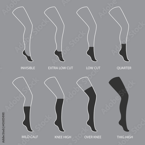 Types of socks collection. Invisible, extra low cut, low cut, quarter, mild calf, knee high, over knee and thig high socks.