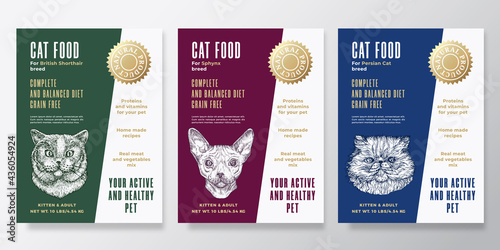 Pet Food Label Templates Set. Abstract Vector Packaging Design Layouts Collection. Typography Banners with Hand Drawn Sphynx, British Shorthair and Persian Cat Breeds Sketch Faces Background. Isolated