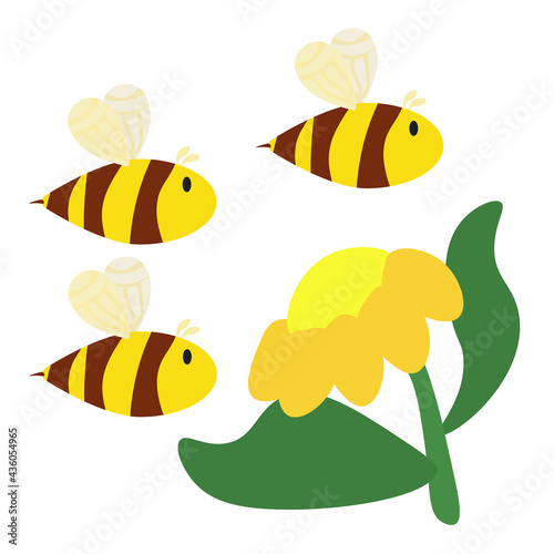 Three bees flying to a flower, honey bees on a flower meadow in cartoon style
