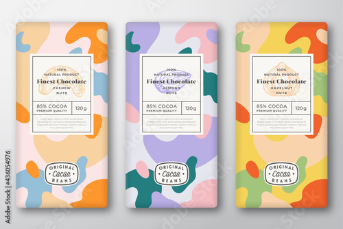 Chocolate Labels Set. Abstract Vector Packaging Design Layouts Collection. Modern Typography, Hand Drawn Almond, Hazelnut and Cashew Nuts Sketches and Colorful Camouflage Pattern Background. Isolated