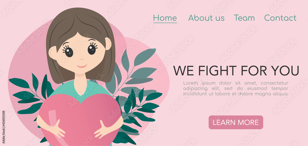 Doctors save our lives fight for us template. Web page with happy female nurse or doctor in uniform. Pink and mint colors. Vector illustration for website, poster, banner. Doctors save our lives fight for us template. Web page with happy female nurse or doctor in uniform. Pink and mint colors. Vector illustration for website, poster, banner.