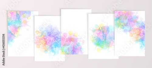 Watercolor effect vector stains. Grunge splatter backgrounds set. Paint stains. Watercolor splatter posters  wall art or greeting cards. Grunge colorful paint drops overlay.