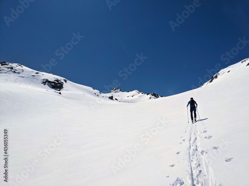 Ski mountaineering in the beautiful Swiss alps. Winter landscape in the grisons mountains near the engadin. Davos 