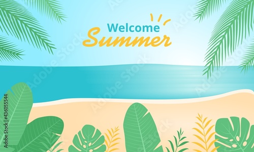 Welcome summer tropical beach vector illustration background.