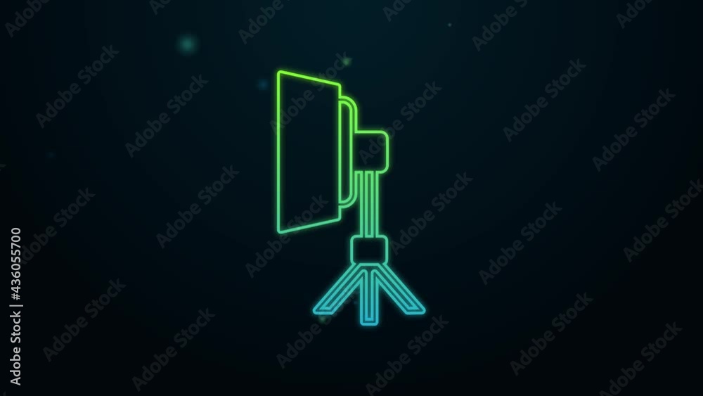 Glowing neon line Studio light bulb in softbox icon isolated on black background. Shadow reflection design. 4K Video motion graphic animation Glowing neon line Studio light bulb in softbox icon isolated on black background. Shadow reflection design. 4K Video motion graphic animation