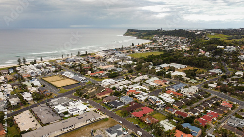 Aerial panoramic view of the southern half of Lennox Head, New South Wales, Australia