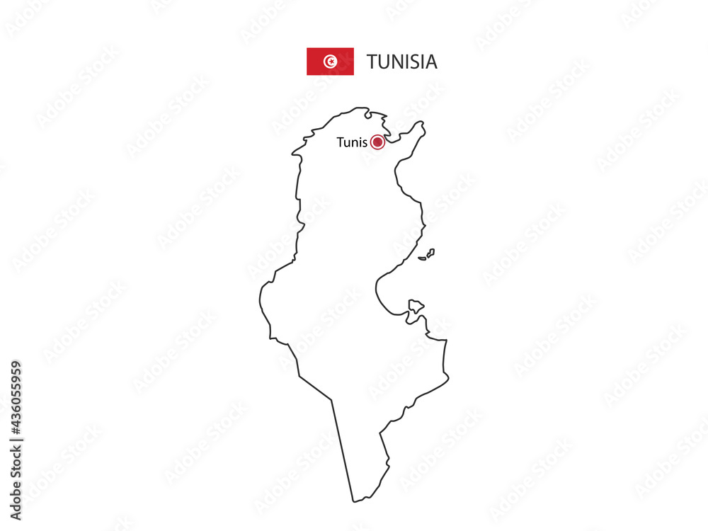 Hand draw thin black line vector of Tunisia Map with capital city Tunis on white background.
