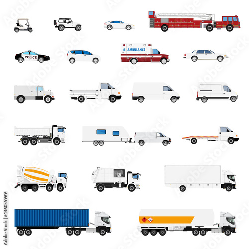 Transport vector transportable vehicle. Transportation in city illustration set of ambulance fire-engine and police car isolated on white background
