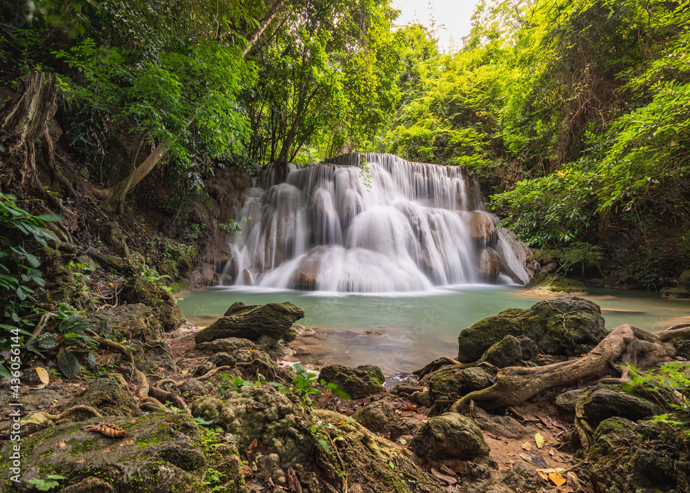 Fototapeta premium Huay Mae Khamin Waterfall Waterfall paradise Travel all year at Kanchanaburi, a 7-tiered waterfall in a national park with hiking trails, famous waterfalls in Thailand.