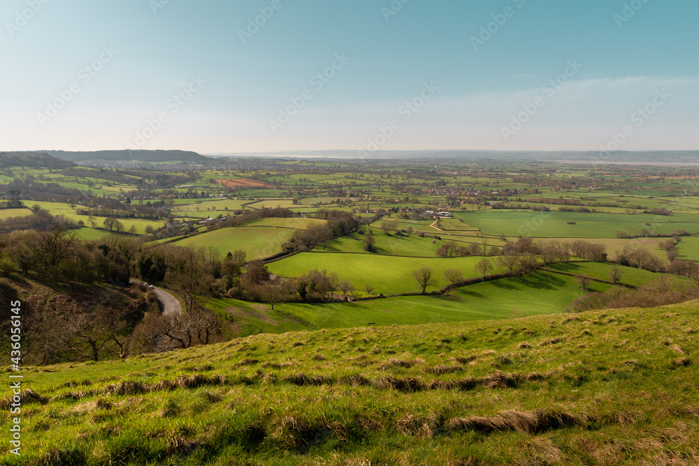 View of the Severn Vale from Coaley Peak, Cotswolds, Gloucestershire, UK