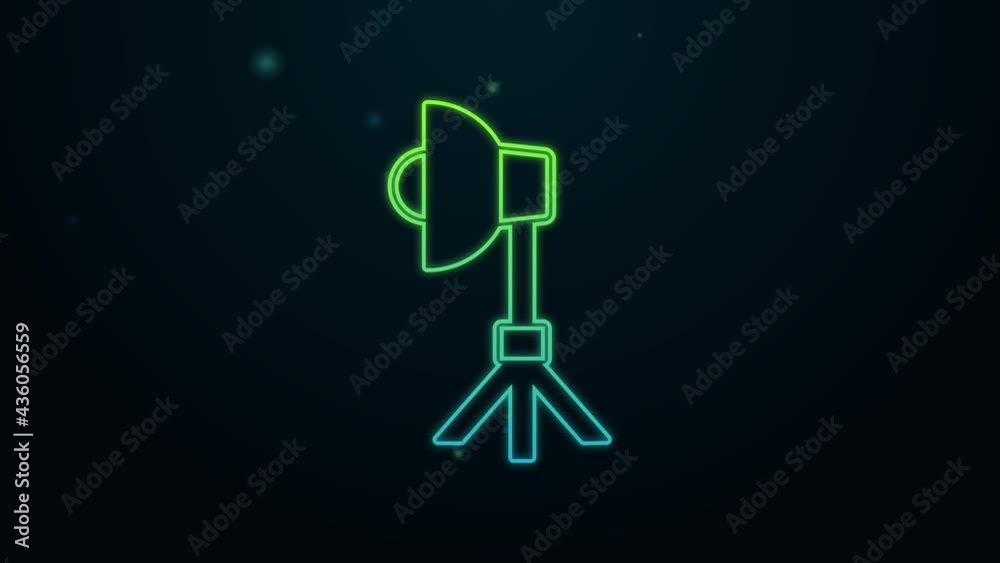 Glowing neon line Studio light bulb in softbox icon isolated on black background. Shadow reflection design. 4K Video motion graphic animation Glowing neon line Studio light bulb in softbox icon isolated on black background. Shadow reflection design. 4K Video motion graphic animation