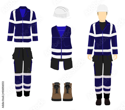 Professional protective clothes, boots and safety helmet.