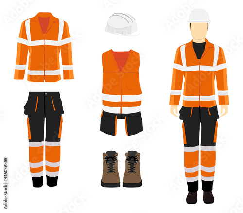 Professional protective clothes, boots and safety helmet.
