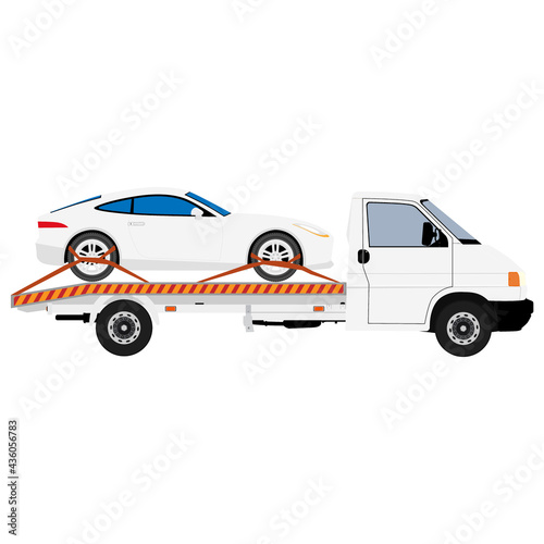 Tow truck delivers the damaged vehicle car. Vector illustration. Isolated on white background.