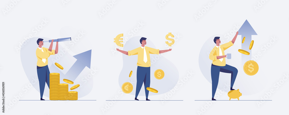 Business concept, businessman stand on money and thinking about business plan, business growth and investment. Vector illustration