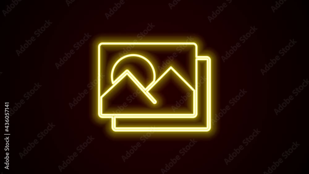 Glowing neon line Photo frame icon isolated on black background. Vintage empty photos frame. 4K Video motion graphic animation