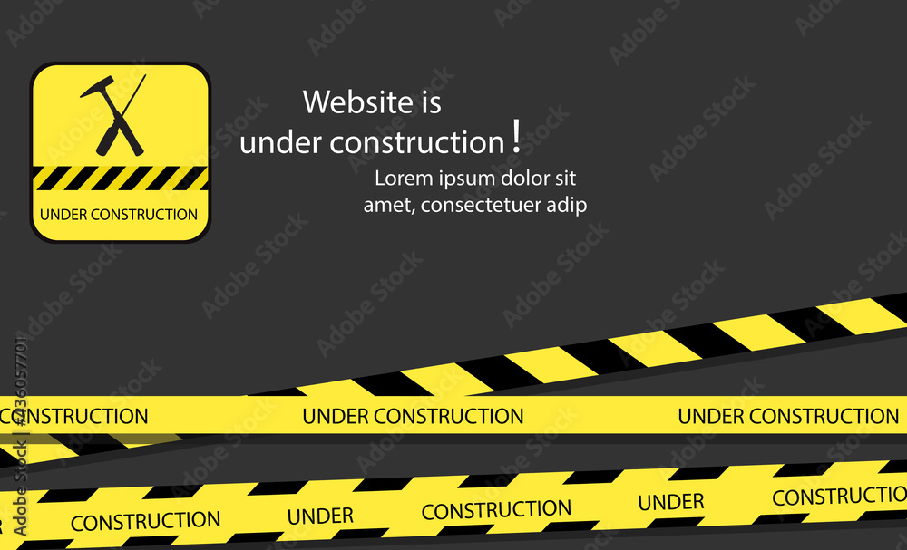 Under construction website page with black and yellow striped borders vector illustration.