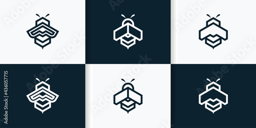 Set of bee logo template with geometric shapes line art concept Premium Vector